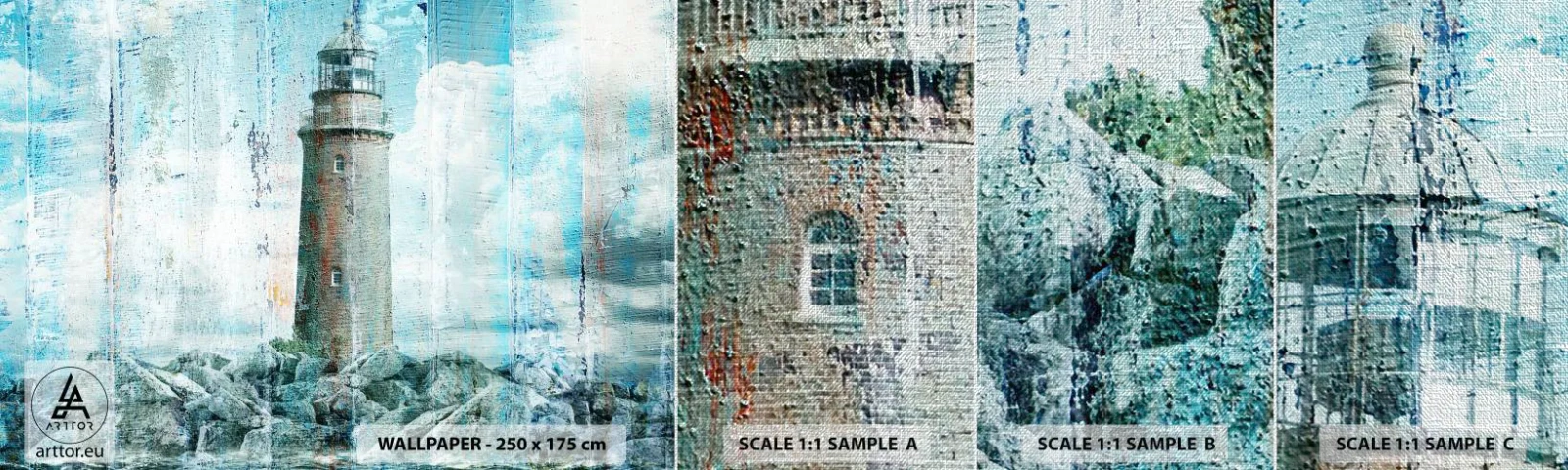 Muestra de fotomural Premium Canvas - En madera vieja - Abstracción, Faro, Mar - 100x30 cm