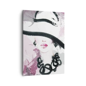 Cuadro sobre lienzo - Impresión de Imagen - Una mujer elegante con sombrero sobre un fondo de abstracciones rosas. - 50x70cm - Retrato de una dama en negro y rosa - Decoración de pared moderna para salón y dormitorio ARTTOR