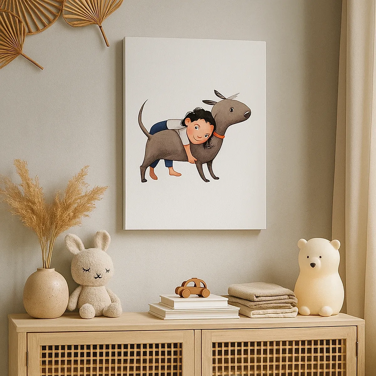 Cuadro sobre lienzo - Impresión de Imagen - Ilustración de estilo de dibujos animados de un niño abrazando a un perro. - 50x70cm - Mejores amigos - Decoración de pared moderna para salón y dormitorio ARTTOR