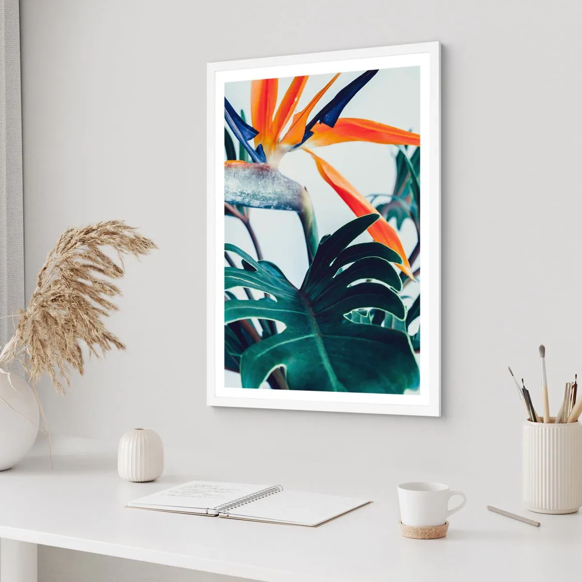 Póster en marco blanco - La jaula del pájaro colorido - 50x70 cm