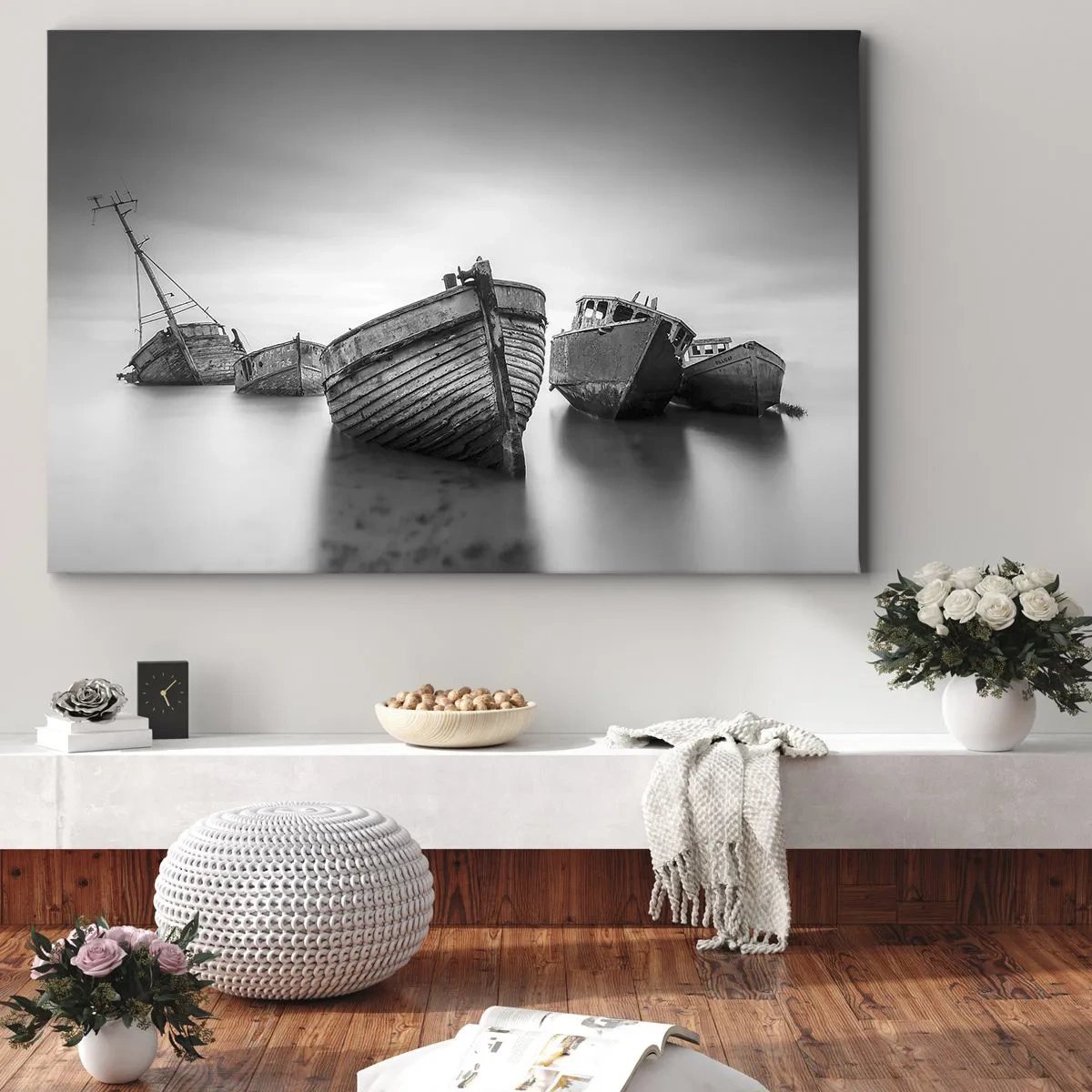 Cuadro sobre lienzo - Impresión de Imagen - Barcos abandonados en aguas tranquilas - 70x50cm - Ahora solo quedan los recuerdos... - Decoración de pared moderna para salón y dormitorio ARTTOR