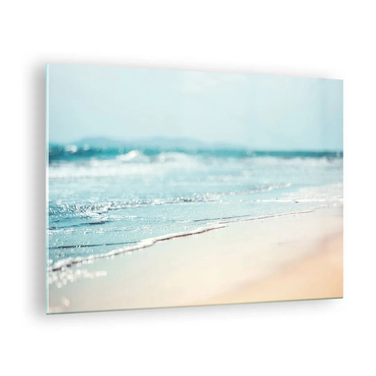 Cuadro sobre vidrio - Impresiones sobre Vidrio - Suaves olas del océano golpeando la playa de arena - 70x50cm - Calor y brisa - Decoración de pared moderna para salón y dormitorio ARTTOR