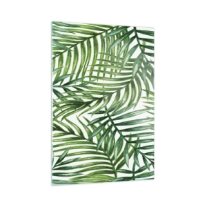 Cuadro sobre vidrio - Impresiones sobre Vidrio - Hojas de palma verdes sobre un fondo blanco que crean un patrón geométrico. - 50x70cm - Bajo el verde - Decoración de pared moderna para salón y dormitorio ARTTOR