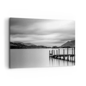 Cuadro sobre lienzo - Impresión de Imagen - Paisaje en blanco y negro con un muelle sobre un lago. - 120x80cm - Dulzura y la fuerza - Decoración de pared moderna para salón y dormitorio ARTTOR