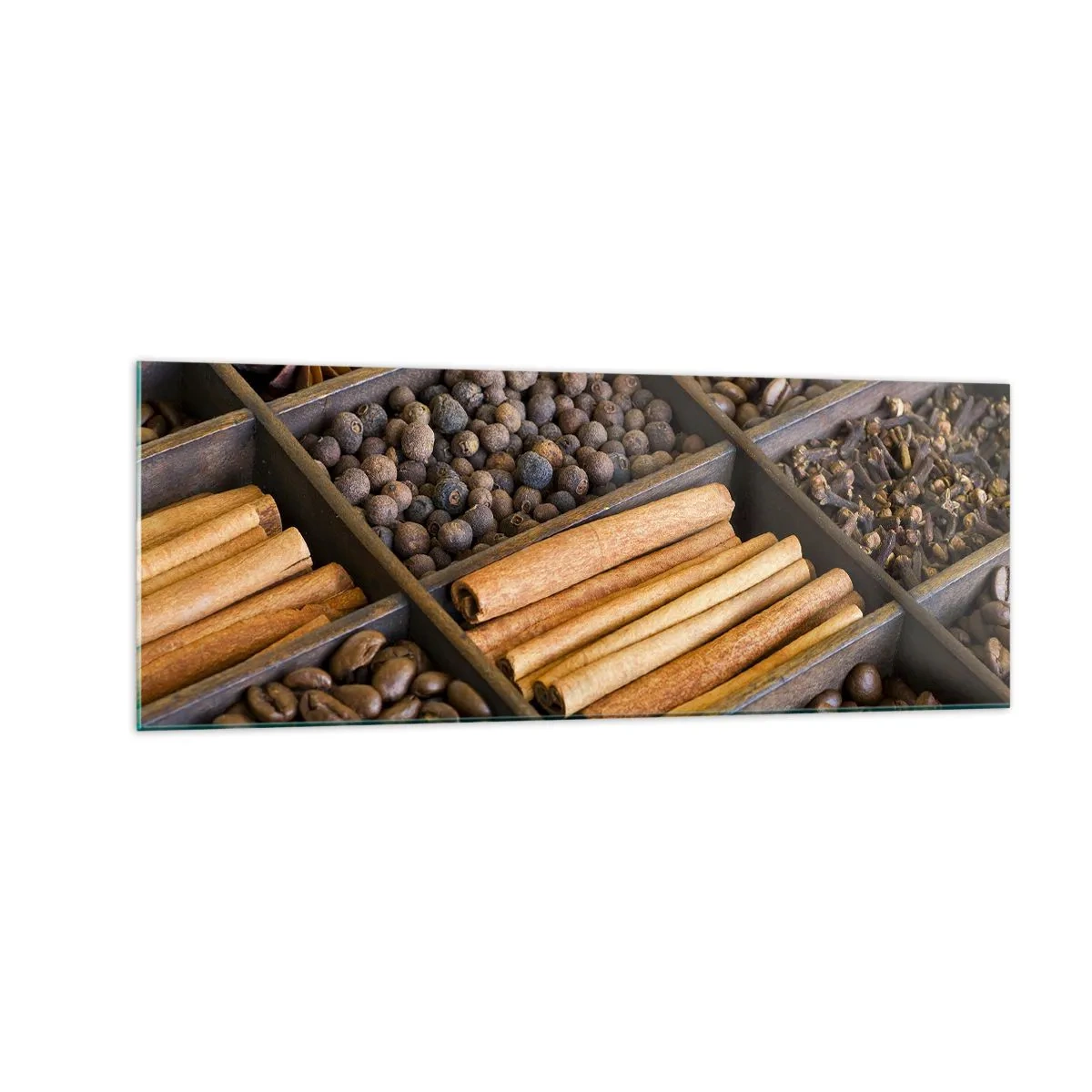 Cuadro sobre vidrio - Impresiones sobre Vidrio - Especias y café en compartimentos de madera. - 140x50cm - Un tesoro de aromas - Decoración de pared moderna para salón y dormitorio ARTTOR