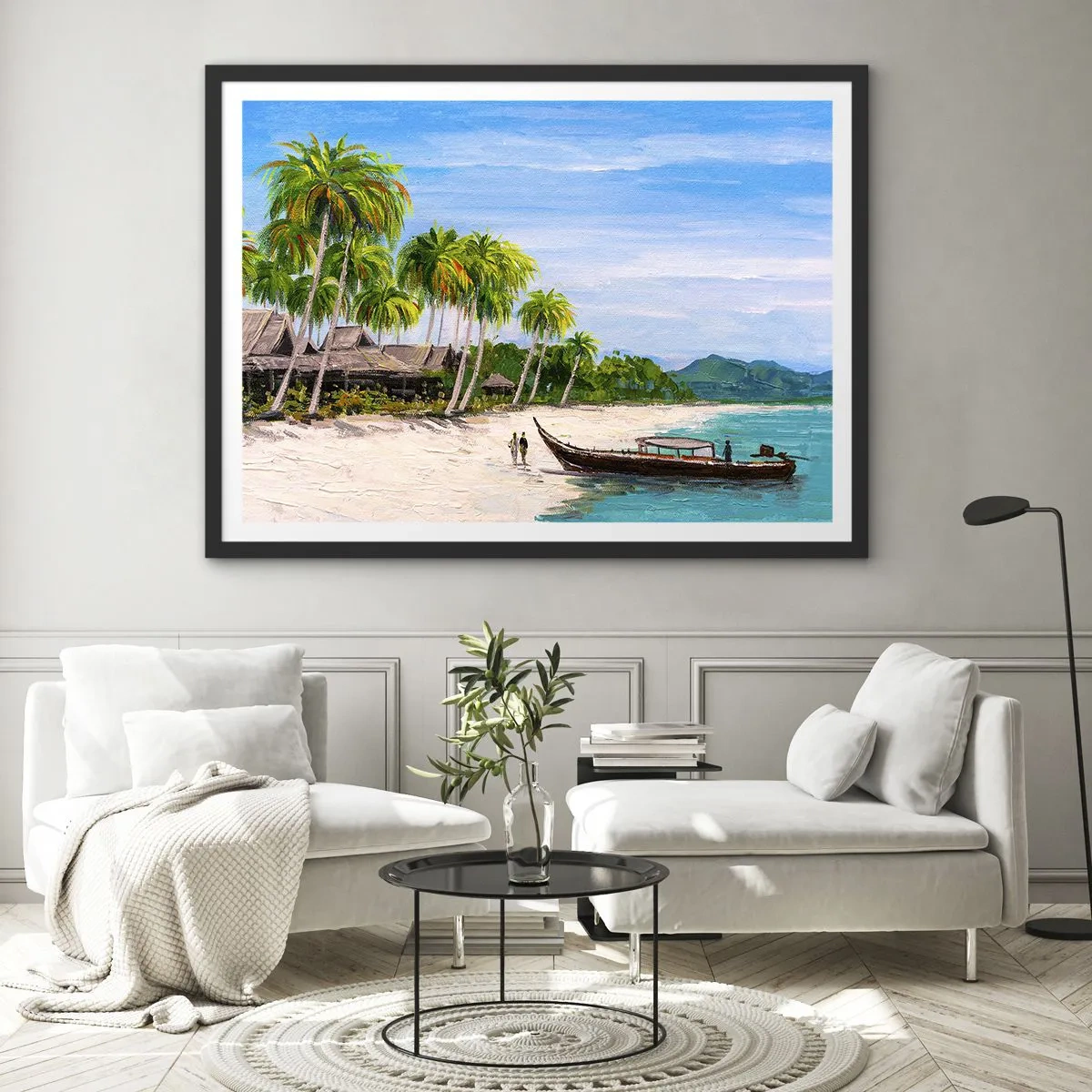 Póster en marco negro - Una playa exótica con palmeras y un barco en la orilla. - 70x50cm - Un sueño exótico - Decoración de pared moderna para salón y dormitorio ARTTOR
