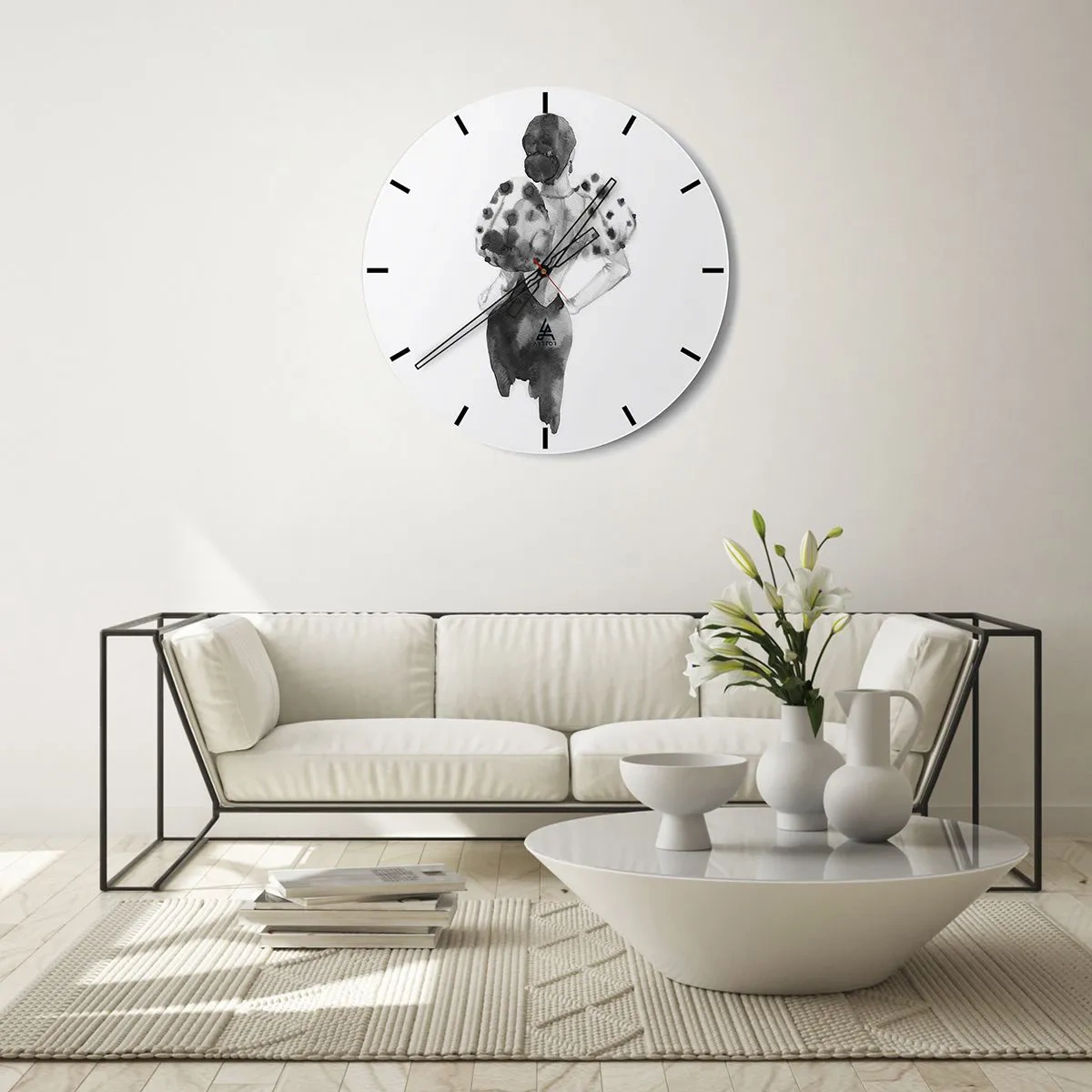 Reloj de pared - Reloj de vidrio - Ilustración en blanco y negro de una mujer con un vestido elegante. - 30x30cm - Pasa justo por aquí - Decoración de pared moderna para salón, cocina y dormitorio ARTTOR