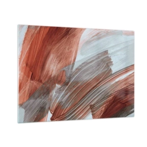 Cuadro sobre vidrio - Impresiones sobre Vidrio - Pinceladas dinámicas en cálidos colores otoñales y azules fríos. - 70x50cm - Abstracción otoñal y ventosa - Decoración de pared moderna para salón y dormitorio ARTTOR