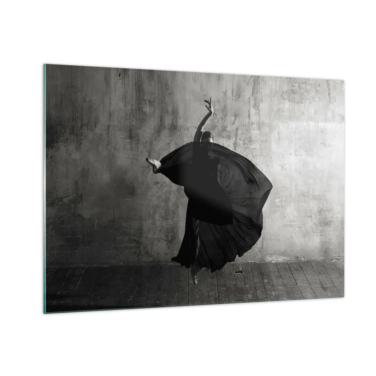 Cuadro sobre vidrio - Impresiones sobre Vidrio - Silueta en blanco y negro de una bailarina en una pose dinámica. - 100x70cm - Cargada de pasión - Decoración de pared moderna para salón y dormitorio ARTTOR