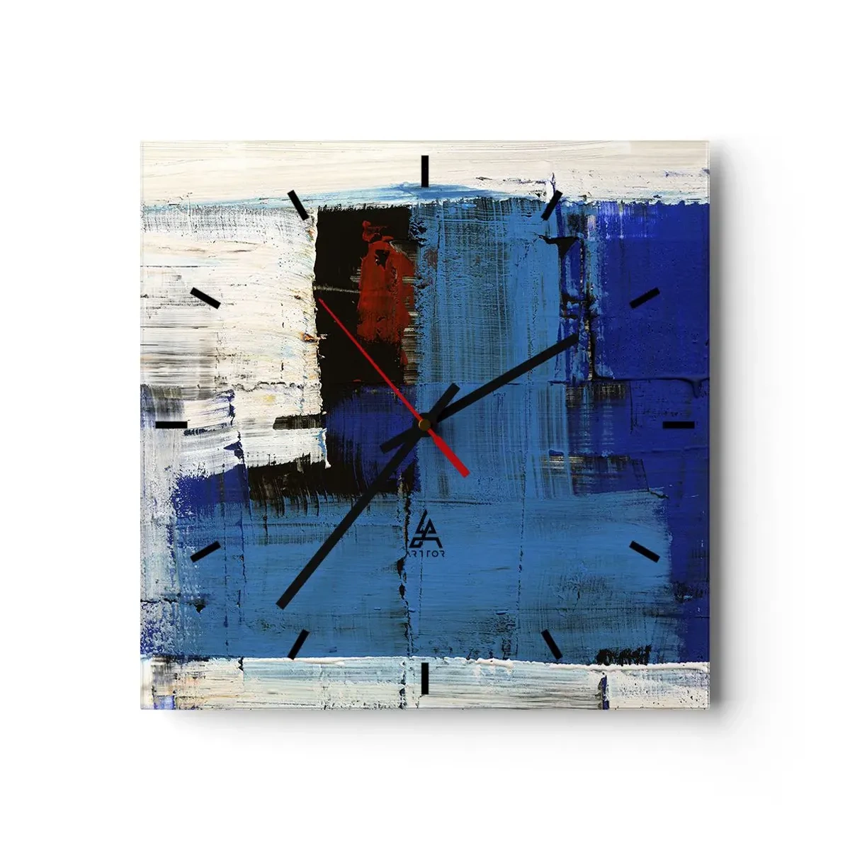 Reloj de pared - Reloj de vidrio - Composición abstracta en tonos azules y blancos. - 30x30cm - El secreto del azul - Decoración de pared moderna para salón y dormitorio ARTTOR