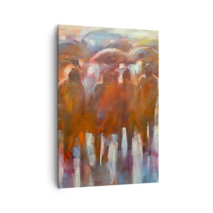 Cuadro sobre lienzo - Impresión de Imagen - Una multitud de personas con paraguas en un entorno artístico y lluvioso. - 70x100cm - Iguales entre la niebla - Decoración de pared moderna para salón y dormitorio ARTTOR