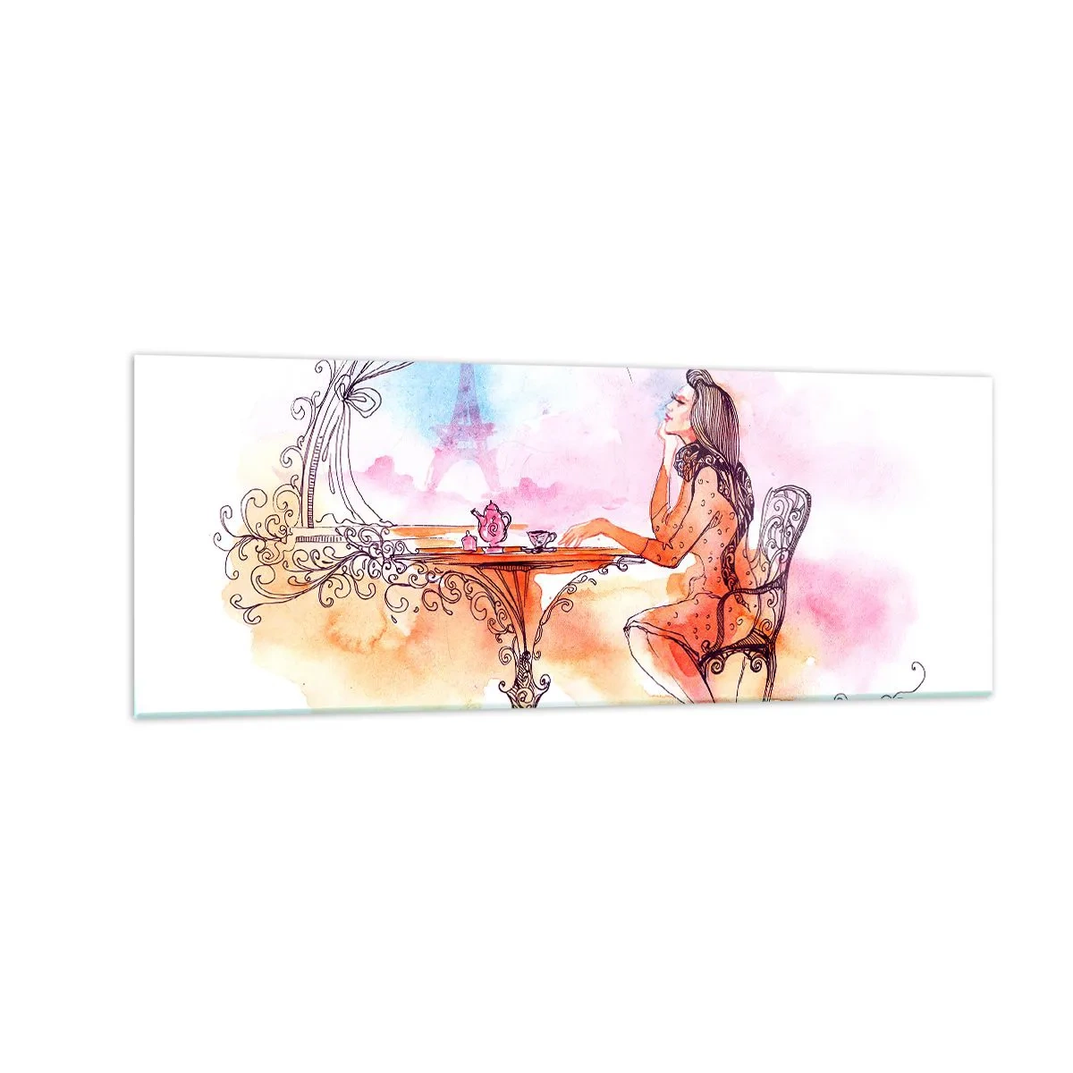 Cuadro sobre vidrio - Impresiones sobre Vidrio - Acuarela romántica de una mujer en un café con vistas a una torre. - 140x50cm - Estilo parisino - Decoración de pared moderna para salón y dormitorio ARTTOR