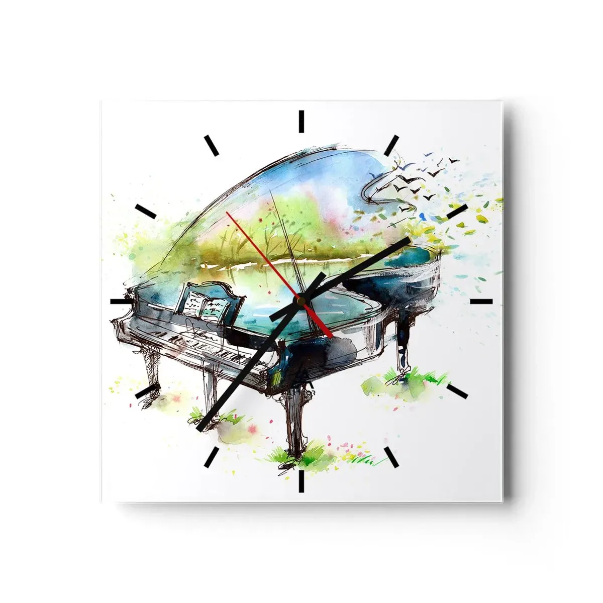 Reloj de pared - Reloj de vidrio - Pintura artística de acuarela de un piano con la naturaleza al fondo. - 30x30cm - Encantado con la música - Decoración de pared moderna para salón y dormitorio ARTTOR