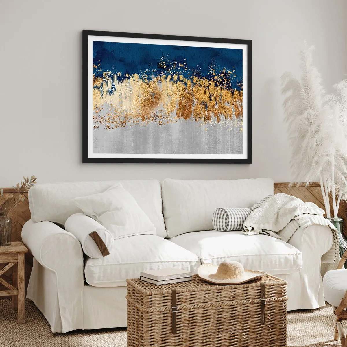 Póster en marco negro - Una composición abstracta en tonos dorados y azul marino. - 100x70cm - Composición moderna con chispas - Decoración de pared moderna para salón y dormitorio ARTTOR