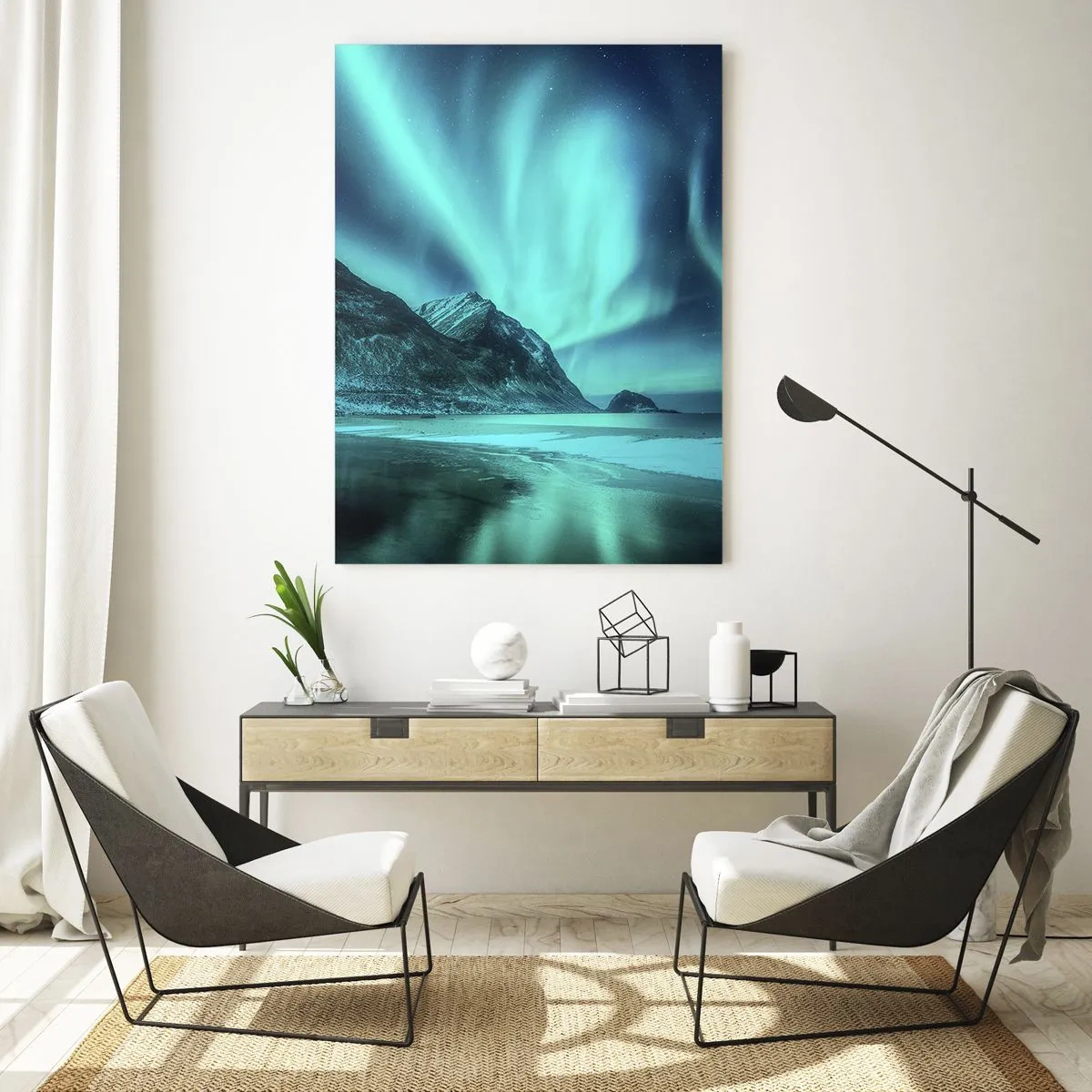 Cuadro sobre vidrio - Impresiones sobre Vidrio - Aurora boreal sobre un paisaje invernal montañoso - 70x100cm - Maravillas del norte - Decoración de pared moderna para salón y dormitorio ARTTOR