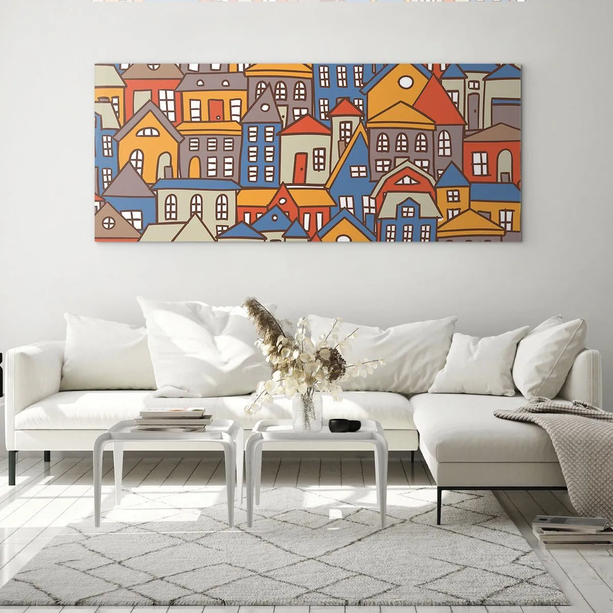 Cuadro sobre vidrio - Impresiones sobre Vidrio - Casas coloridas en estilo gráfico sobre un fondo claro. - 160x50cm - Casa tras casa - Decoración de pared moderna para salón y dormitorio ARTTOR