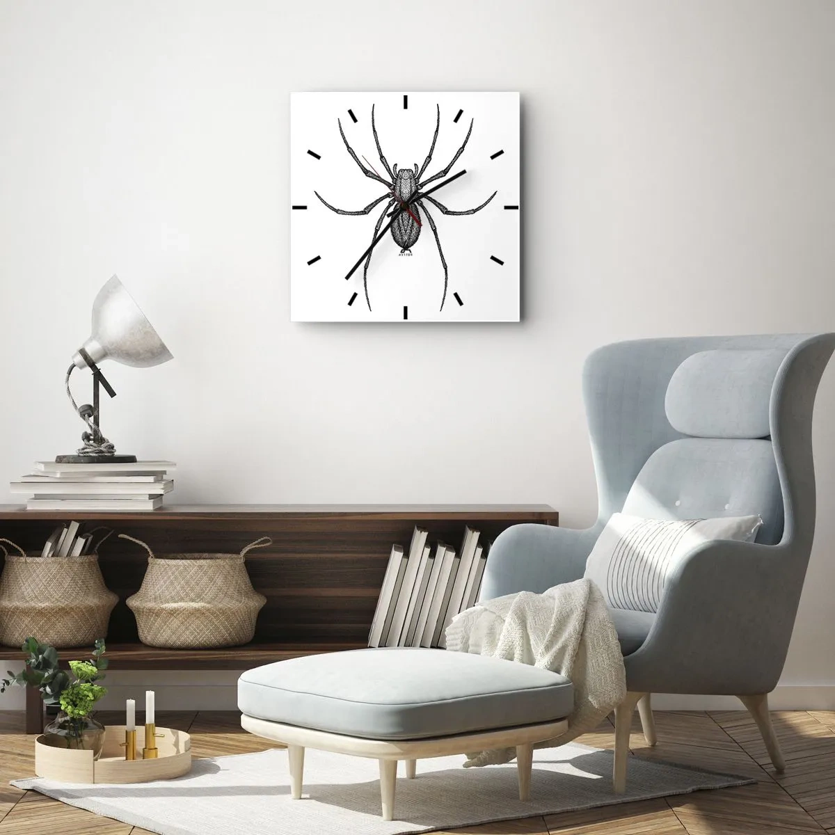 Reloj de pared - Reloj de vidrio - Detalle de una araña sobre un fondo blanco en estilo de dibujos animados. - 30x30cm - Precisión inquietante - Decoración de pared moderna para salón y dormitorio ARTTOR