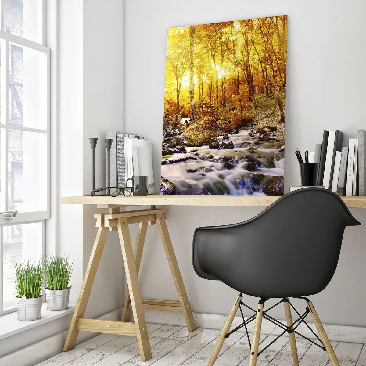 Cuadro sobre vidrio - Impresiones sobre Vidrio - Bosque otoñal con un río bajo los rayos de luz cálida. - 50x70cm - Piedras bañadas en oro y platino - Decoración de pared moderna para salón y dormitorio ARTTOR