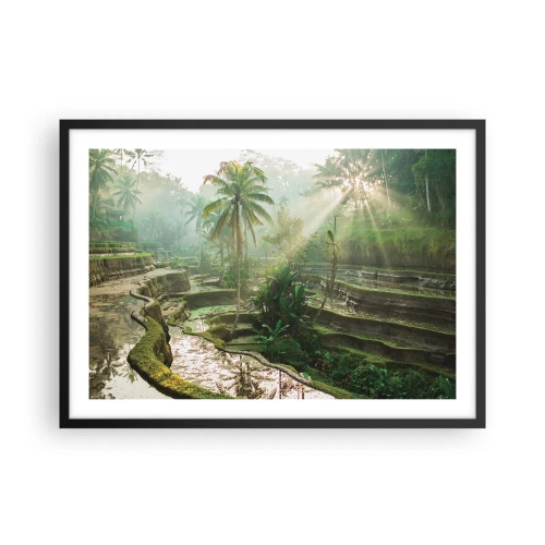 Póster en marco negro - Terrazas de arroz con palmeras bajo los rayos del sol - 70x50cm - Crecer bajo el sol - Decoración de pared moderna para salón y dormitorio ARTTOR