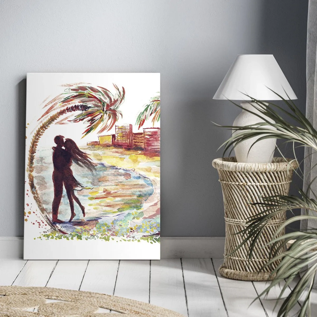 Cuadro sobre lienzo - Impresión de Imagen - Escena romántica de pareja en una playa con palmeras en acuarela - 50x70cm - Unas vacaciones románticas - Decoración de pared moderna para salón y dormitorio ARTTOR
