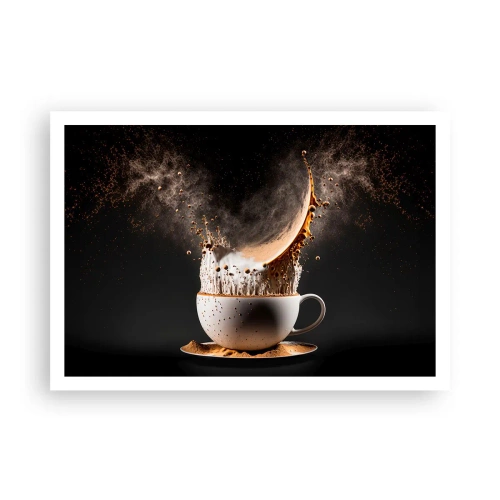 Póster - Una taza de café con una explosión dinámica de líquido sobre un fondo negro. - 100x70cm - Una explosión de sabor - Decoración de pared moderna para salón y dormitorio ARTTOR