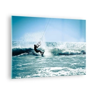 Cuadro sobre vidrio - Impresiones sobre Vidrio - Kitesurfista en las olas del océano en un día soleado - 70x50cm - Déjate llevar - Decoración de pared moderna para salón y dormitorio ARTTOR