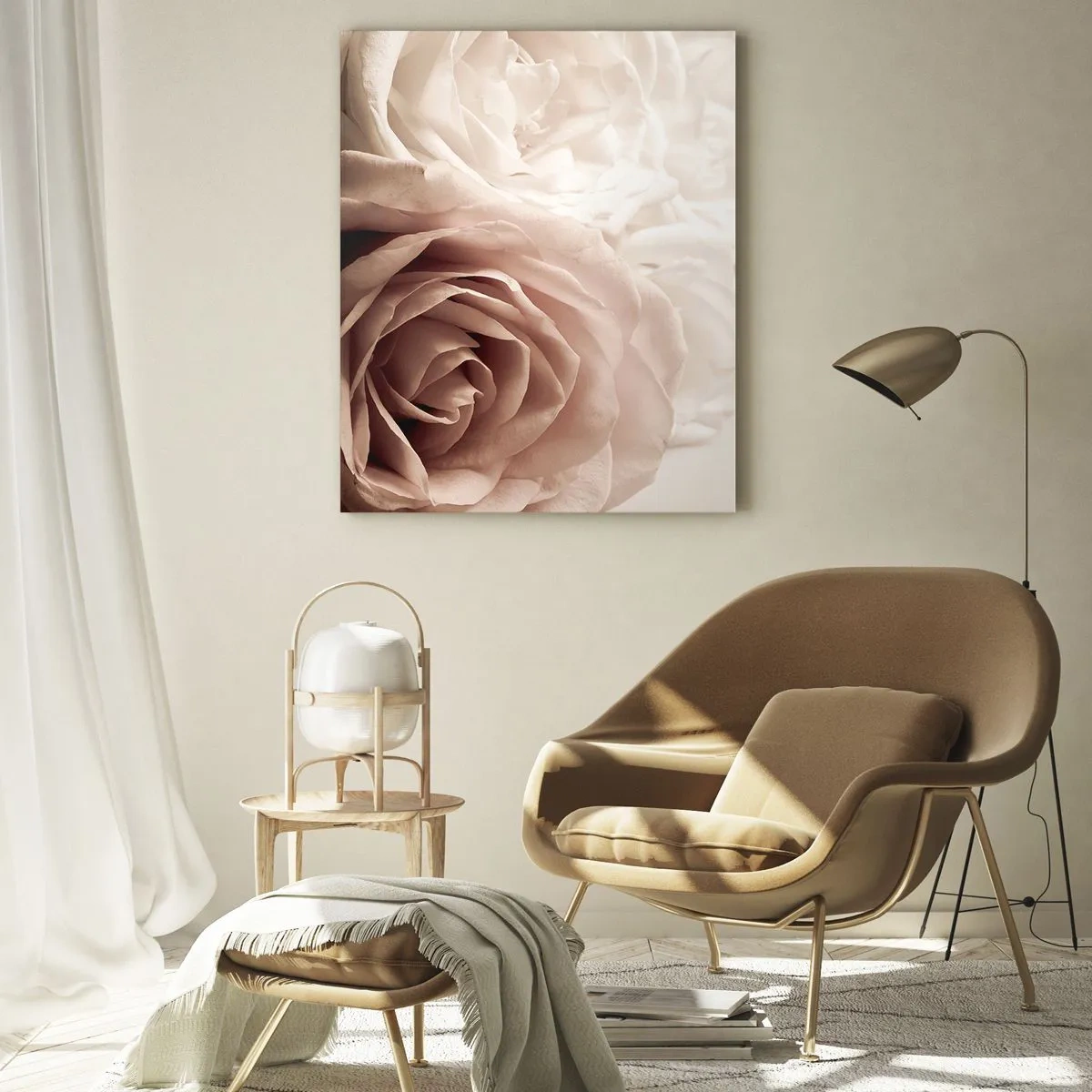 Cuadro sobre vidrio - Impresiones sobre Vidrio - Delicadas rosas claras en un primer plano romántico. - 50x70cm - En el corazón de una rosa - Decoración de pared moderna para salón y dormitorio ARTTOR