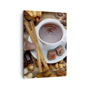 Cuadro sobre lienzo - Impresión de Imagen - Una taza de chocolate caliente rodeada de ingredientes de postre. - 50x70cm - Chocolate de ensueño - Decoración de pared moderna para salón y dormitorio ARTTOR