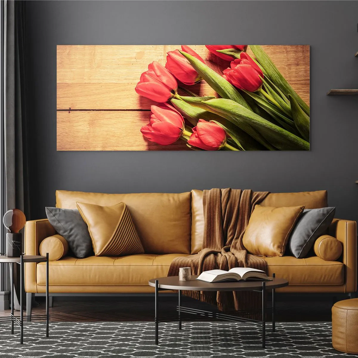 Cuadro sobre vidrio - Impresiones sobre Vidrio - Un ramo de tulipanes rosas sobre un fondo de madera. - 120x50cm - Una confesión primaveral - Decoración de pared moderna para salón y dormitorio ARTTOR