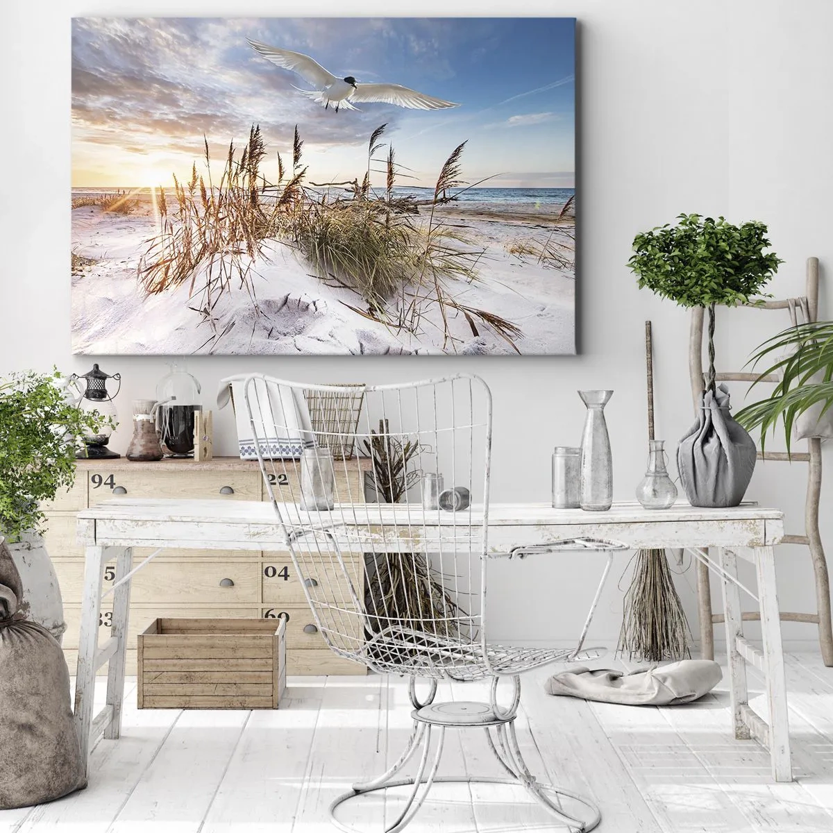 Cuadro sobre lienzo - Impresión de Imagen - Playa con gaviotas volando al atardecer - 70x50cm - Viento del mar - Decoración de pared moderna para salón y dormitorio ARTTOR