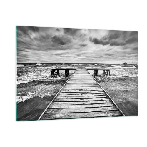 Cuadro sobre vidrio - Impresiones sobre Vidrio - Un embarcadero blanco y negro en medio de olas agitadas - 120x80cm - Estoy esperando que sople el viento... - Decoración de pared moderna para salón y dormitorio ARTTOR