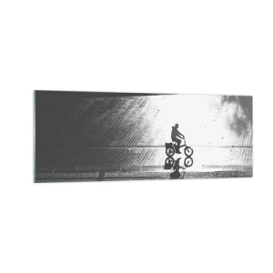 Cuadro sobre vidrio - Impresiones sobre Vidrio - Silueta en blanco y negro de un ciclista en una calle mojada - 140x50cm - Adelante, a través de la ciudad - Decoración de pared moderna para salón y dormitorio ARTTOR