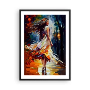 Póster en marco negro - Una mujer bailando entre coloridas hojas de otoño. - 50x70cm - Chica de otoño - Decoración de pared moderna para salón y dormitorio ARTTOR