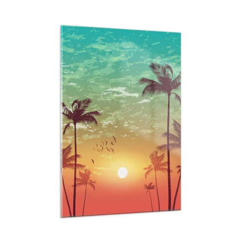 Cuadro sobre vidrio - Impresiones sobre Vidrio - Ilustración de palmeras al atardecer - 50x70cm - Ambientes tropicales - Decoración de pared moderna para salón y dormitorio ARTTOR