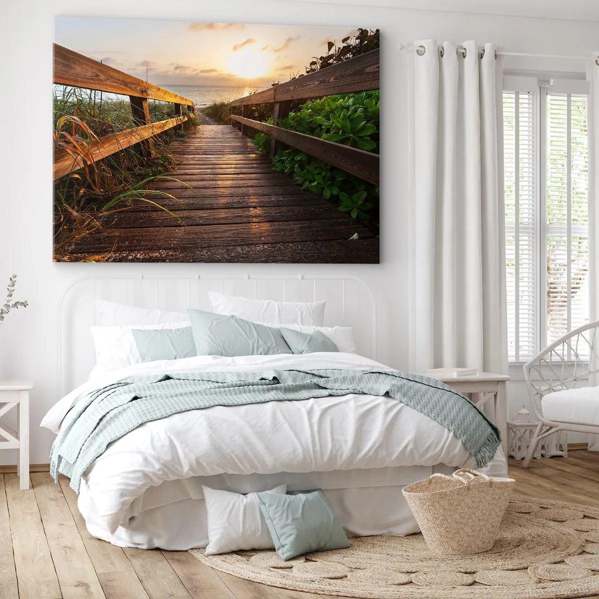 Cuadro sobre lienzo - Impresión de Imagen - Muelle de madera que conduce a la playa al atardecer - 120x80cm - Y directamente a la orilla - Decoración de pared moderna para salón y dormitorio ARTTOR