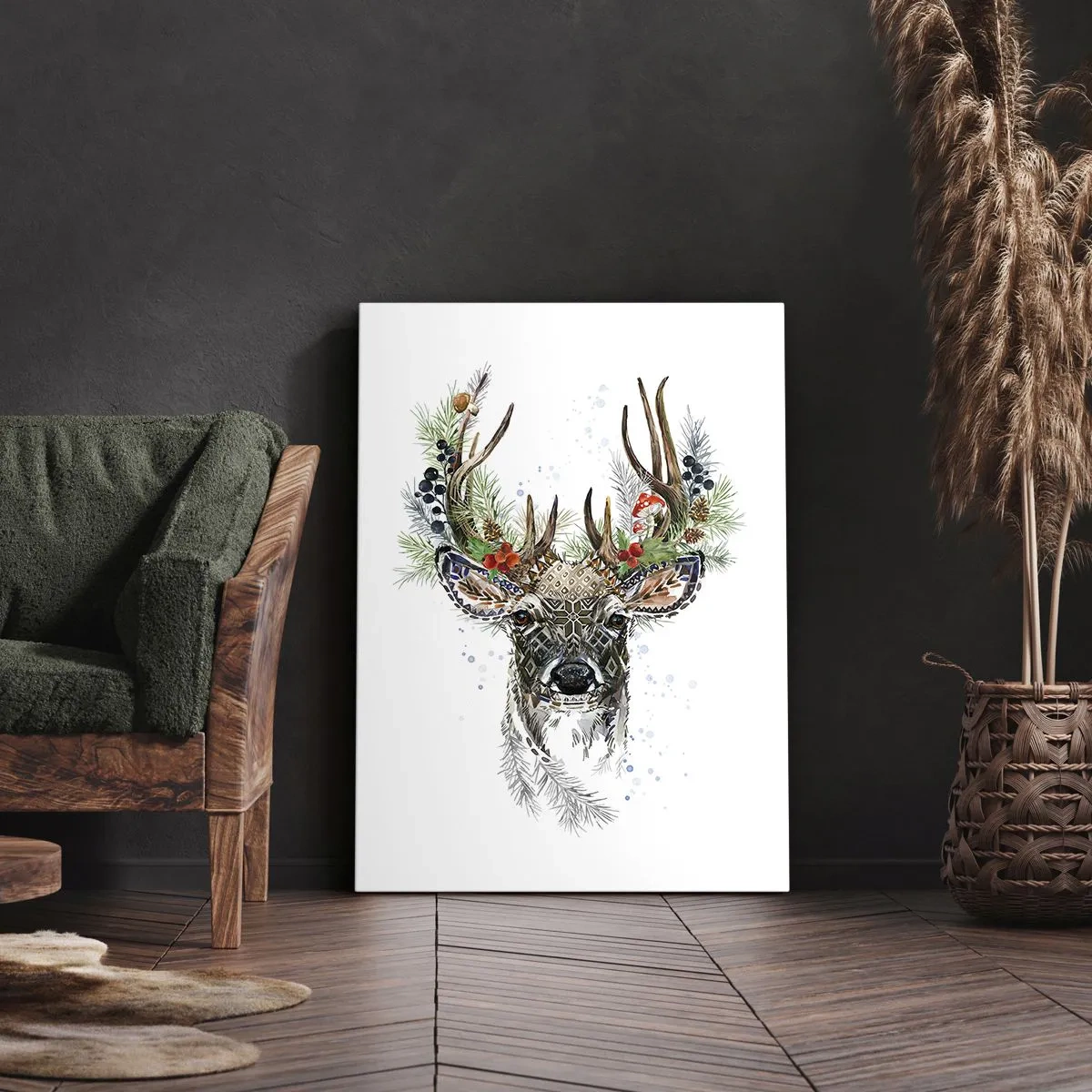 Cuadro sobre lienzo - Impresión de Imagen - Ciervo estilizado con astas decorativas sobre un fondo blanco. - 50x70cm - Con vestimenta festiva - Decoración de pared moderna para salón y dormitorio ARTTOR