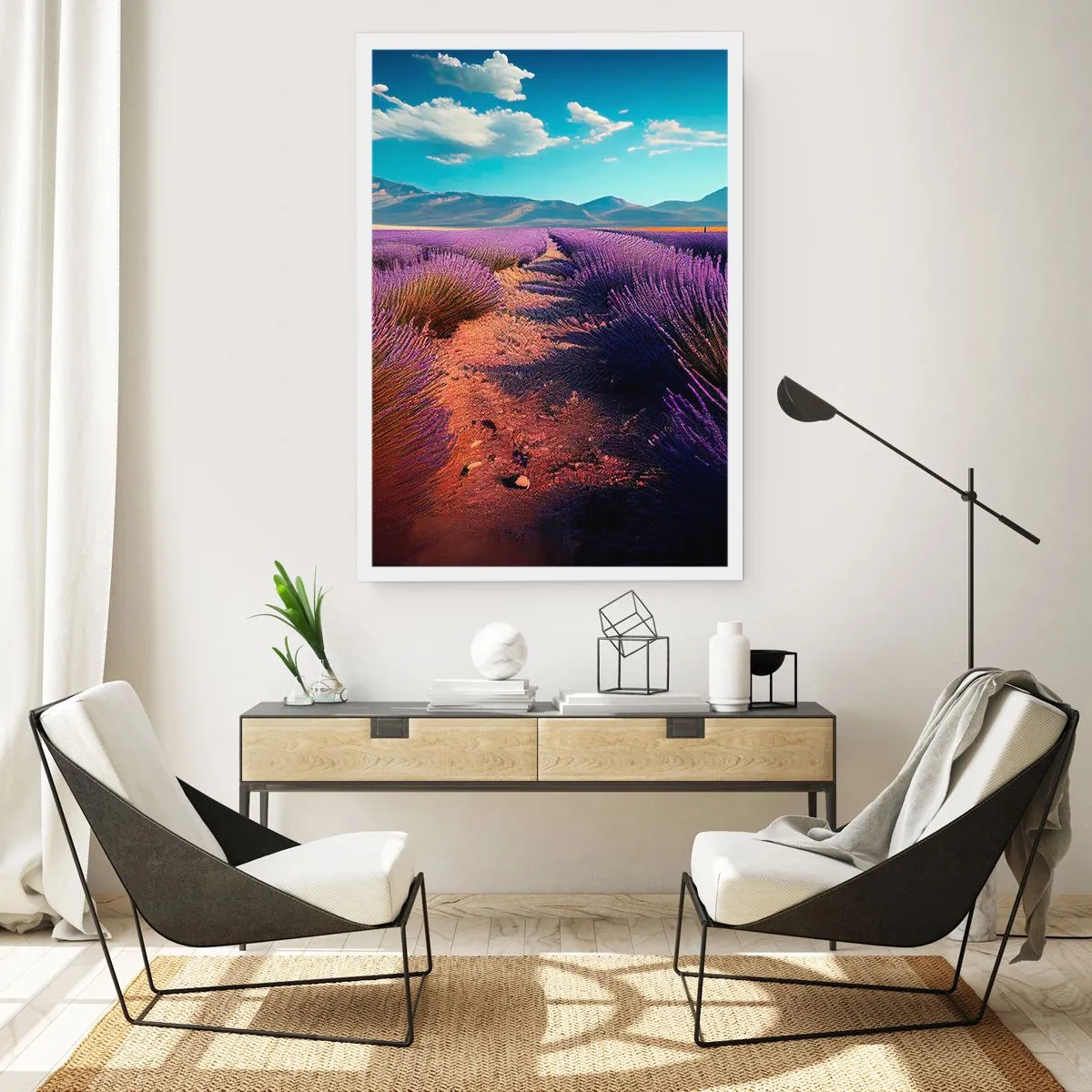 Póster - Un campo de lavanda al atardecer con un paisaje montañoso al fondo. - 50x70cm - Campos fragantes - Decoración de pared moderna para salón y dormitorio ARTTOR