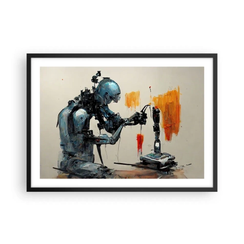 Póster en marco negro - Robot trabajando con fondo abstracto - 70x50cm - Próximamente... - Decoración de pared moderna para salón y dormitorio ARTTOR