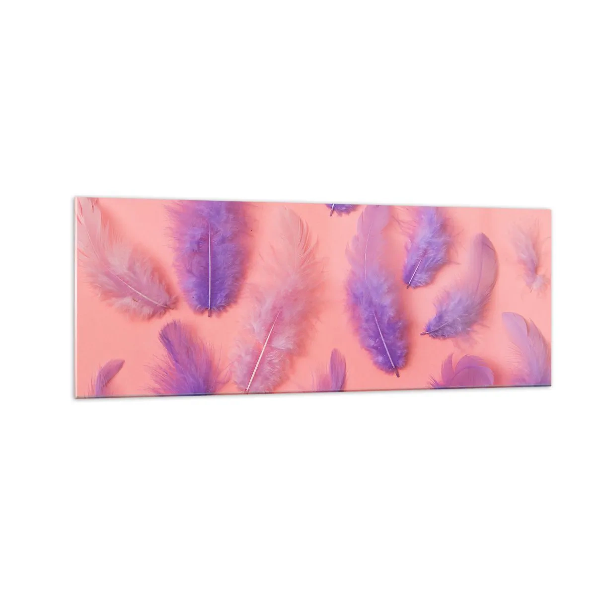 Cuadro sobre vidrio - Impresiones sobre Vidrio - Plumas moradas y rosas sobre un fondo pastel. - 140x50cm - Un pájaro lila del deseo - Decoración de pared moderna para salón y dormitorio ARTTOR