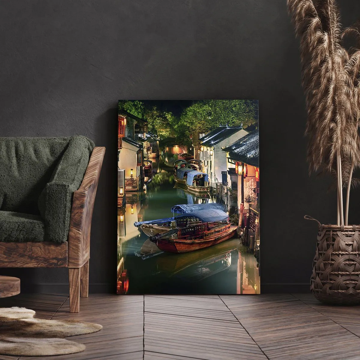 Cuadro sobre lienzo - Impresión de Imagen - Vista nocturna de los canales con barcos y casas tradicionales. - 70x100cm - Noche en una calle china - Decoración de pared moderna para salón y dormitorio ARTTOR