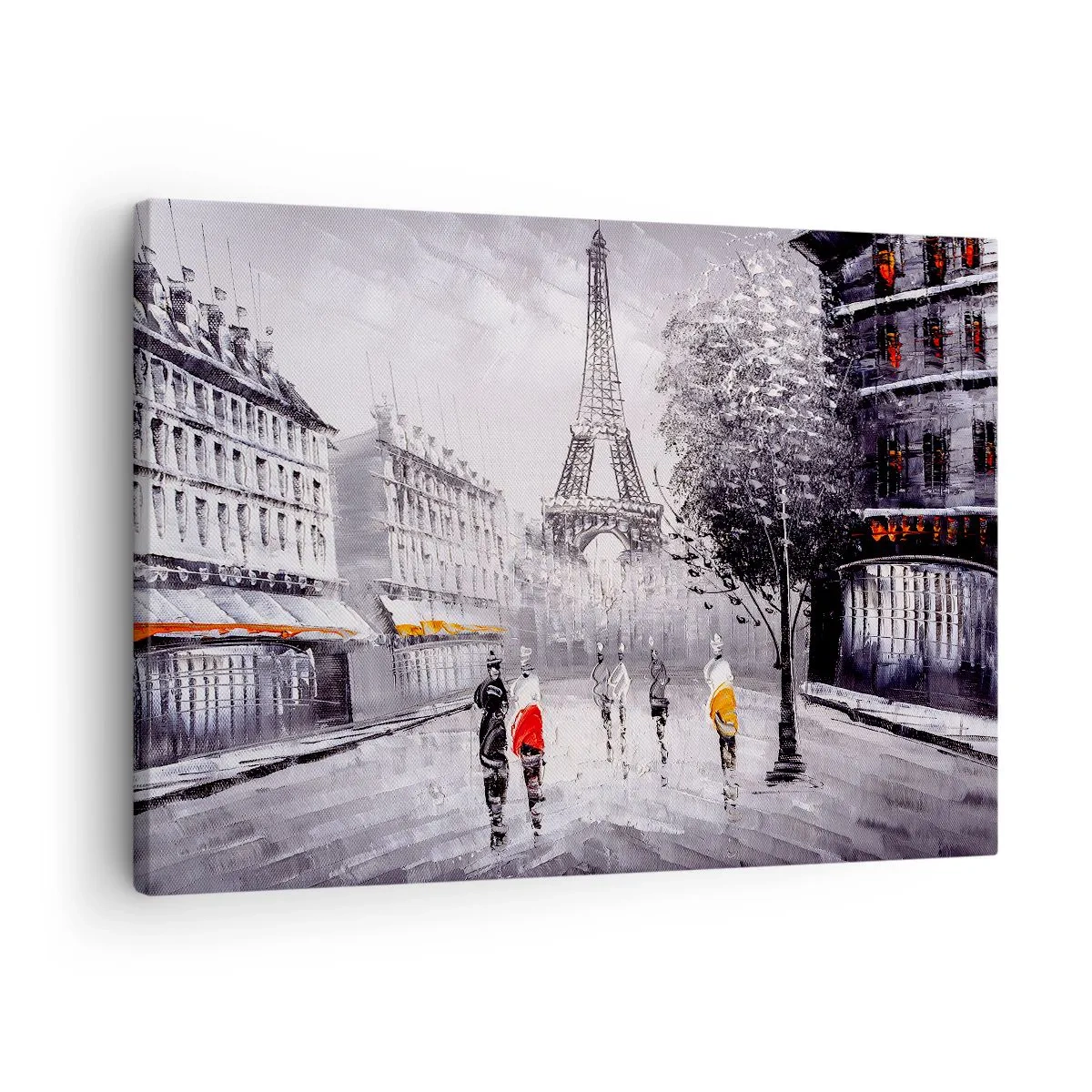 Cuadro sobre lienzo - Impresión de Imagen - Una vista de la Torre Eiffel en un entorno monocromático con acentos de color. - 70x50cm - Un paseo parisino - Decoración de pared moderna para salón y dormitorio ARTTOR