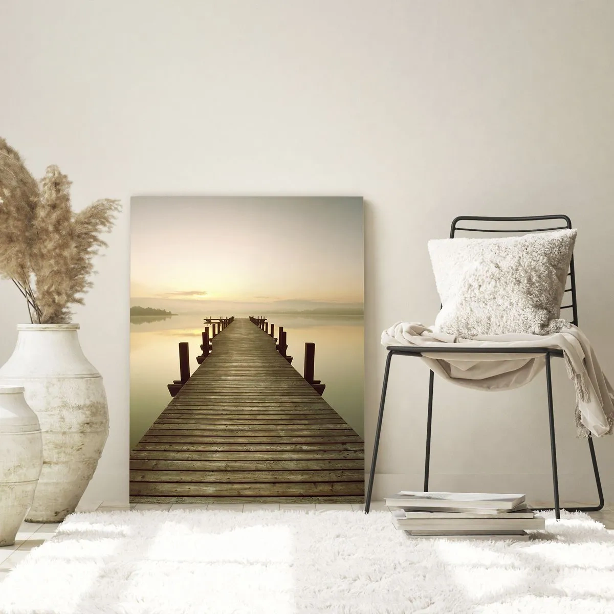 Cuadro sobre vidrio - Impresiones sobre Vidrio - Un embarcadero de madera en un lago tranquilo por la mañana. - 80x120cm - Antes del amanecer, al amanecer, la luz - Decoración de pared moderna para salón y dormitorio ARTTOR