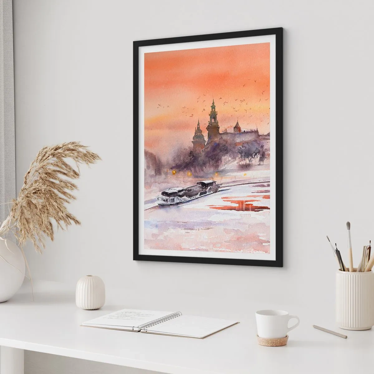 Póster en marco negro - Paisaje urbano en acuarela al atardecer - 50x70cm - Atardecer real - Decoración de pared moderna para salón y dormitorio ARTTOR