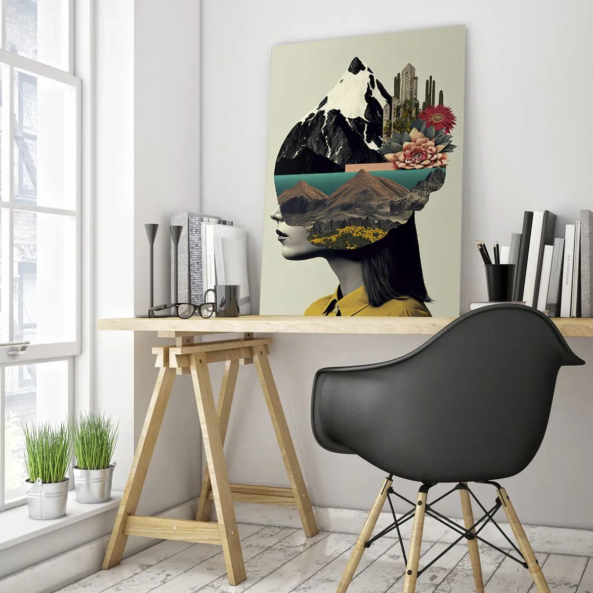 Cuadro sobre vidrio - Impresiones sobre Vidrio - Collage de una mujer con un paisaje de montaña y flores. - 80x120cm - La mujer, siempre un misterio - Decoración de pared moderna para salón y dormitorio ARTTOR
