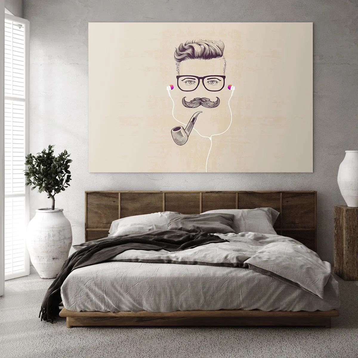 Cuadro sobre vidrio - Impresiones sobre Vidrio - Un dibujo de un hombre estilizado con gafas, bigote y pipa. - 70x50cm - Moda masculina - Decoración de pared moderna para salón y dormitorio ARTTOR
