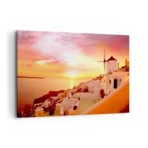 Cuadro sobre lienzo - Impresión de Imagen - Santorini al atardecer con un molino de viento - 120x80cm - Blanco y dorado - Decoración de pared moderna para salón y dormitorio ARTTOR