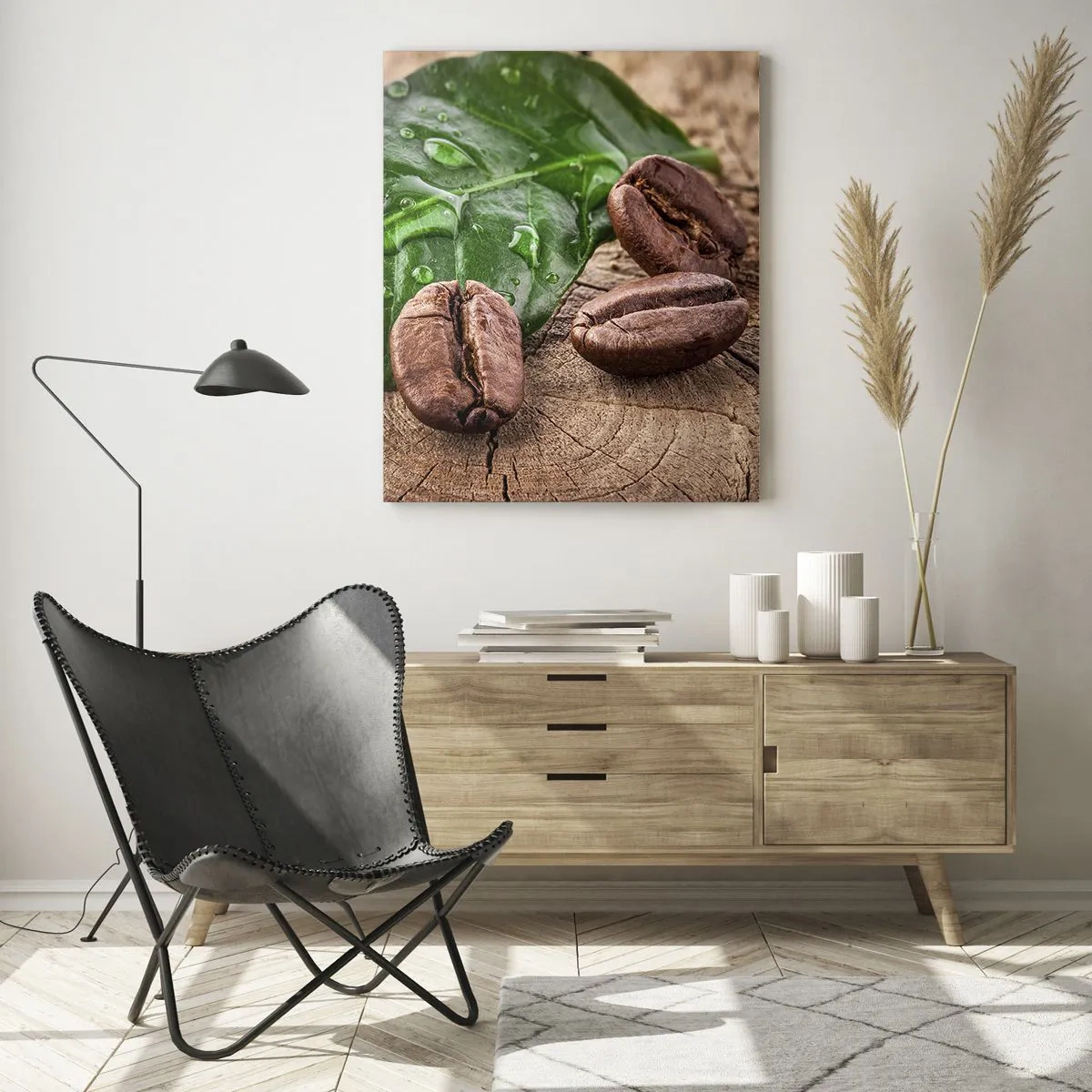 Cuadro sobre vidrio - Impresiones sobre Vidrio - Granos de café y hojas verdes sobre un fondo de madera - 80x120cm - El auténtico y negro - Decoración de pared moderna para salón y dormitorio ARTTOR