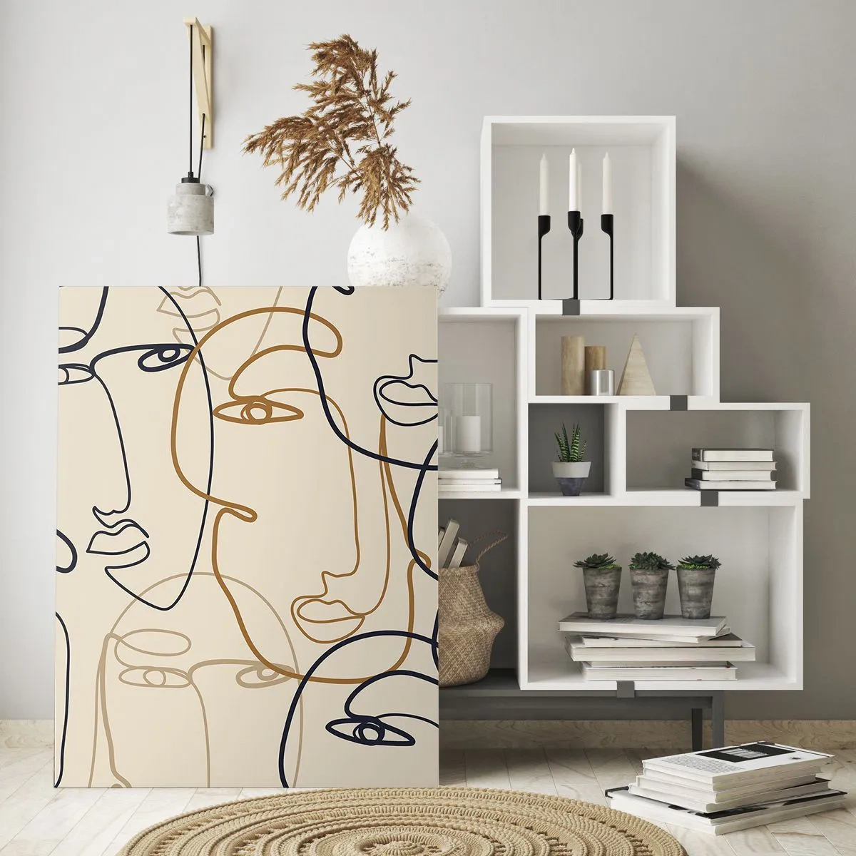 Cuadro sobre vidrio - Impresiones sobre Vidrio - Rostros contorneados dibujados de un solo trazo sobre beige - 50x70cm - Retrato multiplicado - Decoración de pared moderna para salón y dormitorio ARTTOR