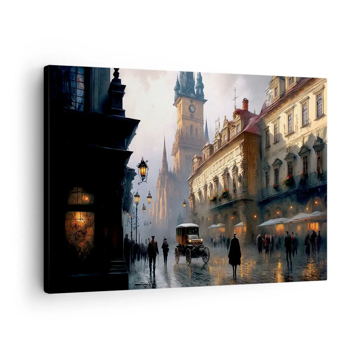 Cuadro sobre lienzo - Impresión de Imagen - Escena callejera nocturna con arquitectura histórica - 70x50cm - La magia de una noche de Praga - Decoración de pared moderna para salón y dormitorio ARTTOR