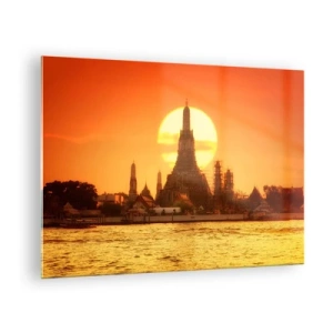 Cuadro sobre vidrio - Impresiones sobre Vidrio - Templo al atardecer sobre el río - 70x50cm - Hacia el sol, siempre hacia el sol - Decoración de pared moderna para salón y dormitorio ARTTOR